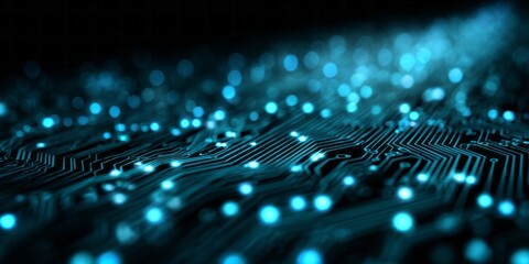 Glowing blue circuit board patterns illuminate a dark digital landscape