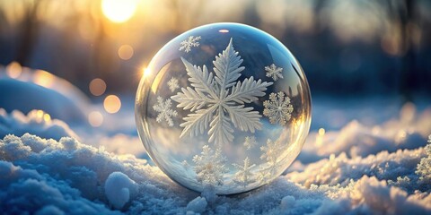 Winter's crystalline sphere, showcasing intricate snowflake designs against a sunlit snowy landscape, evoking a sense of serene beauty and frosty wonder.