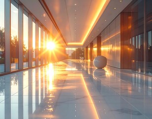 Sunlit Hallway - A Modern Architectural Marvel with Gleaming Reflections.