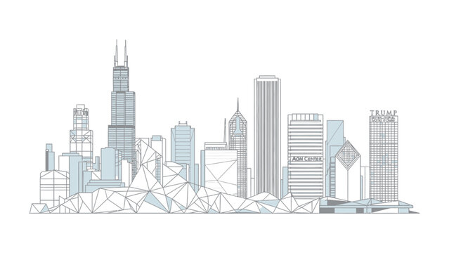 Urban Geometric Composition: A stunning line art representation of a modern city skyline, showcasing iconic skyscrapers and geometric shapes in a sleek, minimalist style.