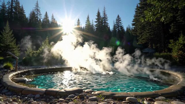 Hot spring pool in the forest where the sun shines When the forest hot springs heal