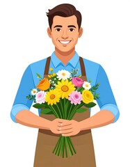 Smiling Florist Holding a Colorful Bouquet of Flowers.