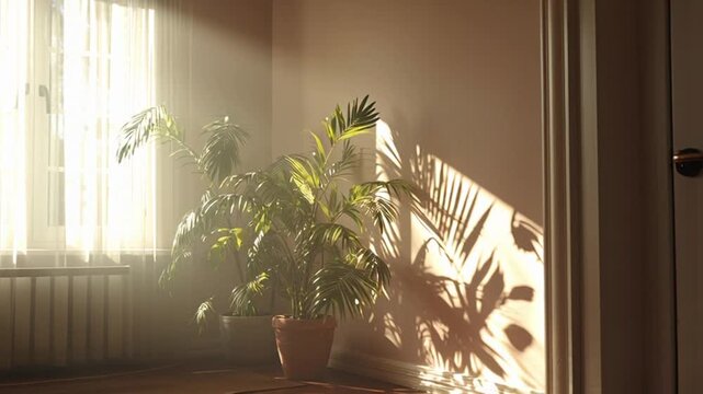 Sunlight streams through a window, casting shadows of plants on the wall