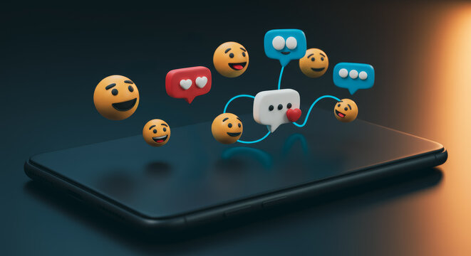 An imaginative digital illustration captures a smartphone displaying emojis and speech bubbles, symbolizing online communication and social media engagement. 
