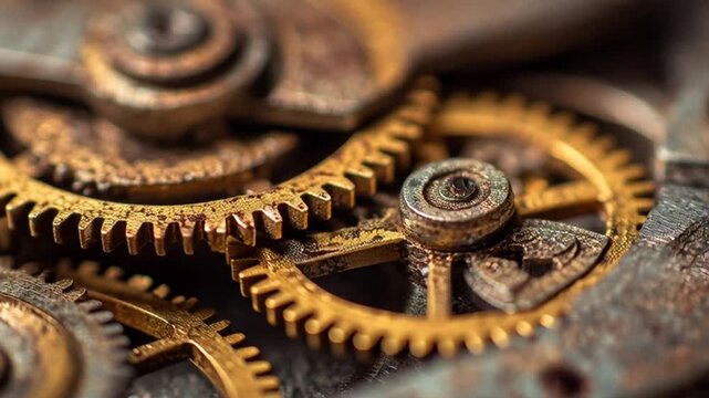 Closeup macro shot of old, intricate brass clockwork gears