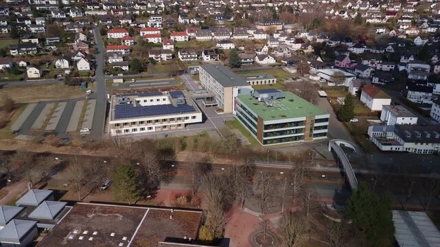 The vocational school in Biedenkopf photographed with a drone that has a solar roof