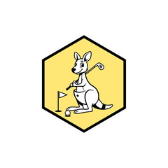 Kangaroo Golfer Mascot Playing Golf Inside a Yellow Hexagonal Emblem
