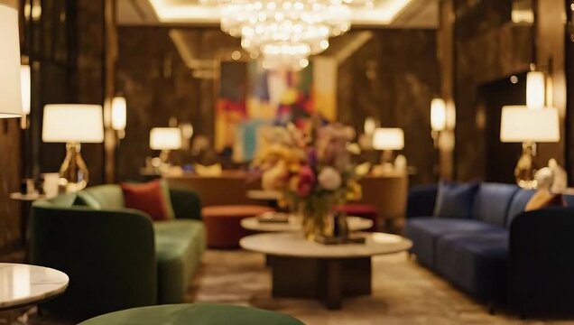 Elegant hotel lobby lounge with soft lighting and plush seating