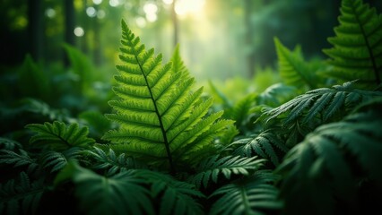Lush green ferns unfurling delicate fronds in dense forest undergrowth with soft sunlight bokeh, concept of nature conservation, botanical garden, wellness retreat