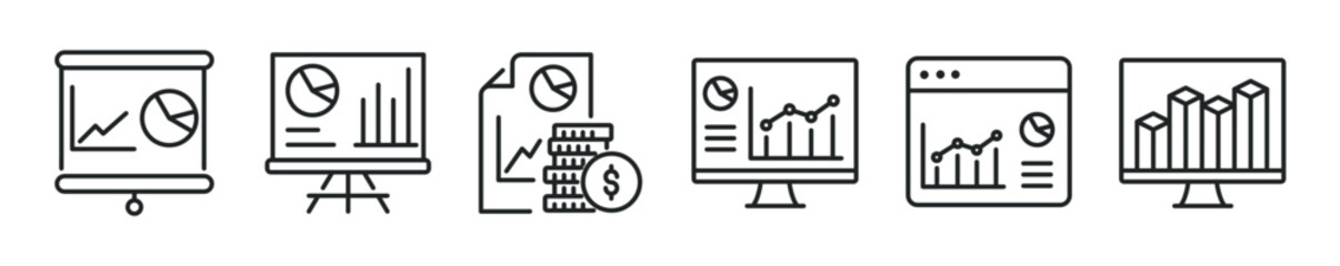 Finance Report thin line icon set. Web minimal editable stroke icons