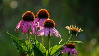 A cluster of blooming purple coneflowers with spiky orange-brown centers, set against a soft green blur—evoking natural beauty, pollinator harmony, and the quiet poetry of wild gardens.