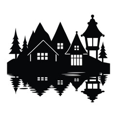 Obraz premium Traditional Village by Lake with Lantern Reflection Silhouette 