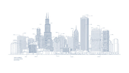 Obraz premium Chicago Cityscape Blueprint: A detailed blueprint of Chicago's iconic skyline. Capturing the essence of urban development and architectural design.