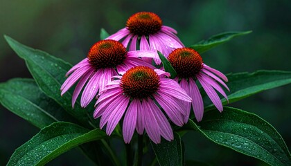 A cluster of blooming purple coneflowers with spiky orange-brown centers, set against a soft green blur—evoking natural beauty, pollinator harmony, and the quiet poetry of wild gardens.