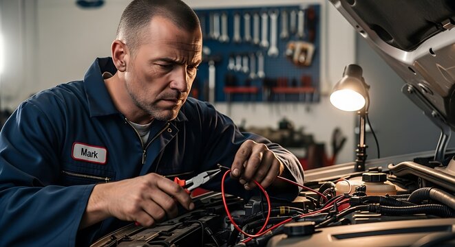 Mechanic working on car engine with tools and wires.