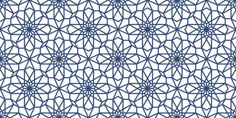 Navy Blue Islamic Geometric Star Pattern. Blue and White Moroccan Geometric Tile Repeat. Traditional Eastern Star Mosaic Background