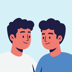 Fototapeta premium An illustration shows two stylized men face to face, one in white shirt, the other in blue, on a blue background