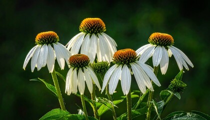 A cluster of white coneflowers with radiant petals and spiky orange-brown centers, set against a dark blurred background—evoking purity, contrast, and the quiet resilience of native blooms.