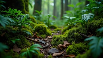 Small stream trickling through vibrant moss covered rocks and lush ferns in dense forest floor, concept of nature preservation, eco tourism, wellness spa