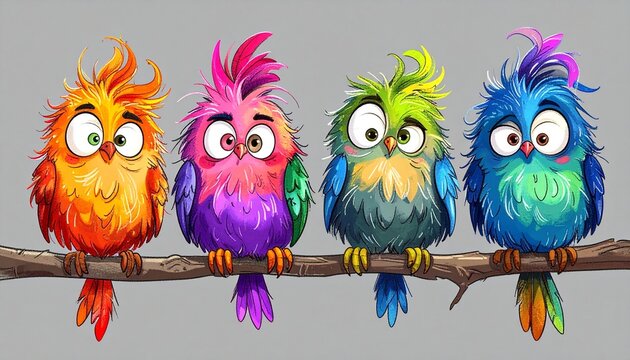 Four stylized, colorful cartoon birds perched on a branch, looking curious and vibrant