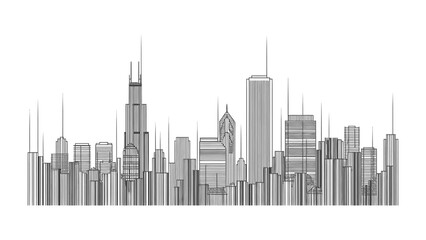 City Skyline Illustration: a minimalist depiction of a sprawling city skyline, with towering skyscrapers and architectural wonders standing tall against the horizon.