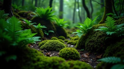 Small stream trickling through vibrant moss covered rocks and lush ferns in dense forest floor, concept of nature preservation, eco tourism, wellness spa