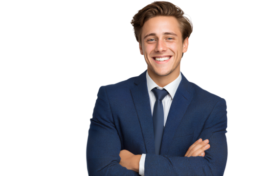  portrait of a happy young businessman in a blue suit with his arms crossed
