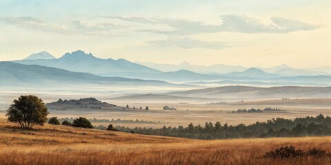 Obraz premium Scenic landscape painting of mountains and fields with a tree in the foreground view art