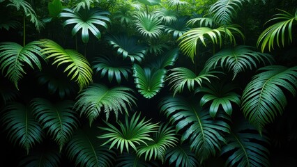 Dense tropical leaves overlapping in various green shades against dark backdrop, concept of jungle foliage, interior design, botanical wallpaper