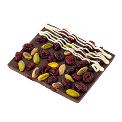 Delightful chocolate bark topped with dried cranberries and pistachios on a bright white background
