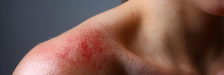 Fototapeta premium Close-up of a shoulder displaying skin irritation and redness, highlighting dermatological issues.