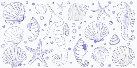Charming hand drawn collection of seashells seahorses starfish and bubbles in purple hues