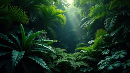 Dense tropical leaves overlapping in various green shades against dark backdrop, concept of jungle foliage, interior design, botanical wallpaper