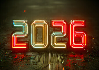 Bright futuristic neon numbers "2026" glow against dark background with circuit lines and light trails