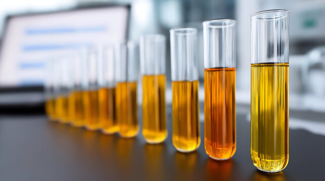 A series of test tubes filled with different shades of liquid, showcasing chemical analysis in a laboratory setting.
