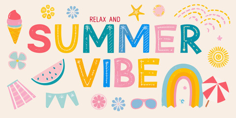 Relax and summer vibe with colorful illustrations of ice cream watermelon rainbow and sun