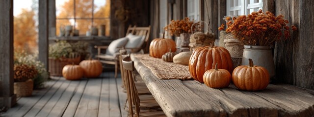 Joyful gathering in a rustic barn where guests share a Thanksgiving meal. A long wooden table is adorned with colorful pumpkins and beautiful autumn flowers, creating a cozy atmosphere