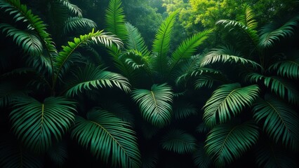 Dense tropical leaves overlapping in various green shades against dark backdrop, concept of jungle foliage, interior design, botanical wallpaper