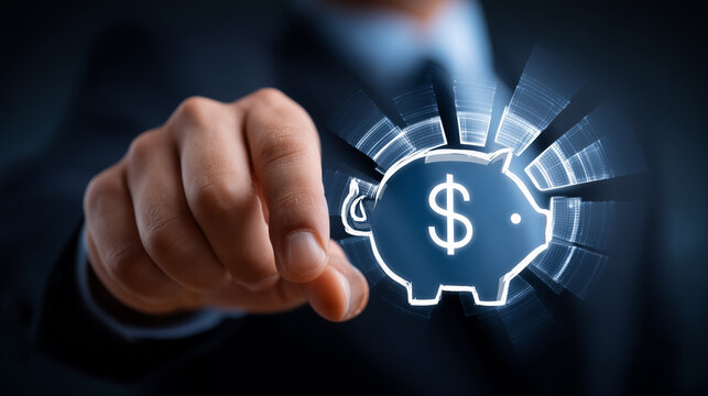 Businessman pointing at a glowing piggy bank icon, symbolizing saving, investment, financial planning, and smart money management in a digital environment