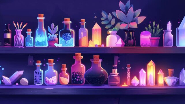 Colorful potion bottles and crystals on a dark shelf, showcasing vibrant textures and magical ambiance, camera pans across the enchanting display of mystical elements