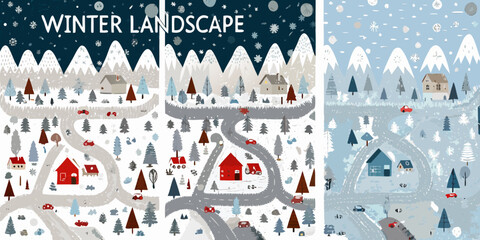 Whimsical winter village scenes with snowy mountains and winding roads