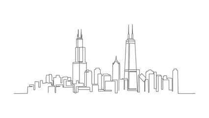 Naklejka premium Cityscape Skyline Outline: A minimalist line drawing captures the essence of a modern urban skyline, showcasing sleek skyscrapers and architectural marvels.