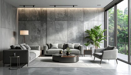 A modern living room with a gray sectional sofa, concrete accent wall, and floor-to-ceiling windows—evoking minimalist elegance, natural light, and the quiet sophistication of contemporary design.
