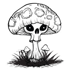 Mushrooms set. Hand drawn growing mushroom, mycelium in vintage engraving style. Sketch vector illustration