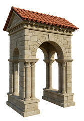 Stone archway with columns and red tile roof, architectural design