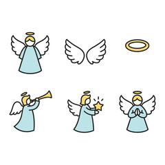 Set of Cute Angel Icons with Halo and Wings Religious and Spiritual Designs