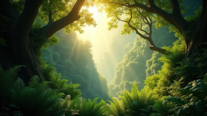 Sunlight piercing through ancient tree branches illuminating lush ferns in misty jungle canopy, concept of rainforest adventure, eco retreat, nature meditation