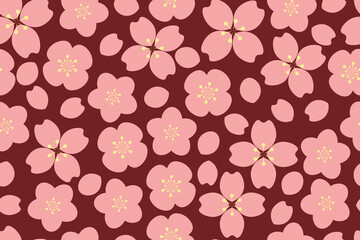 A seamless cherry blossom pattern featuring soft pink cherry blossoms on a red background, perfect for spring-themed textile designs, wallpapers, and decor.