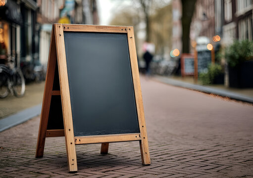 A wooden chalkboard sign stands on a street, inviting passersby in a quaint urban setting. Perfect for promotions.