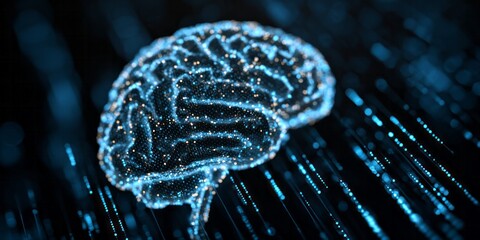 Glowing digital representation of the human cerebrum illustrates complex neural network processing